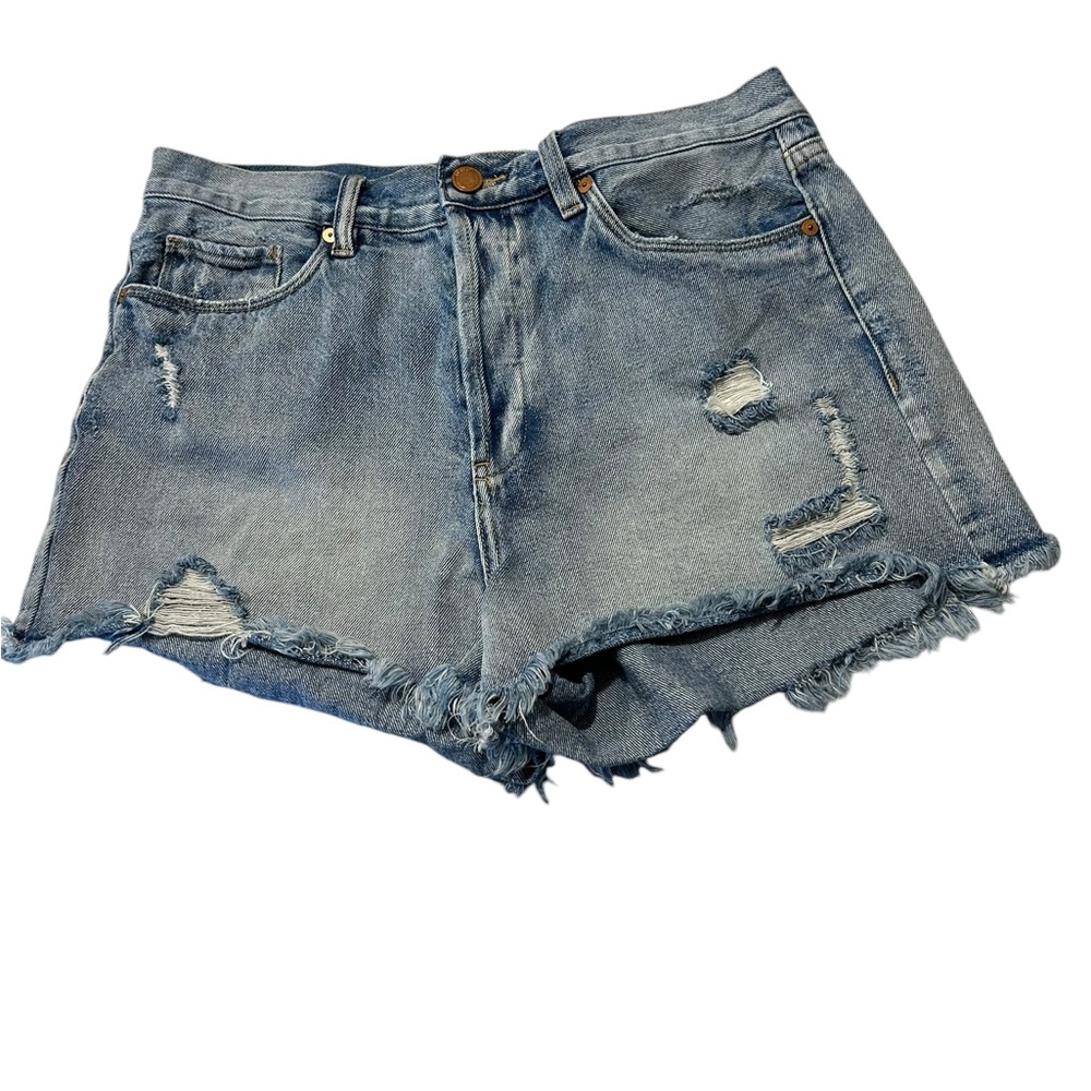 Blanknyc button fly, distressed cutoff jeans.